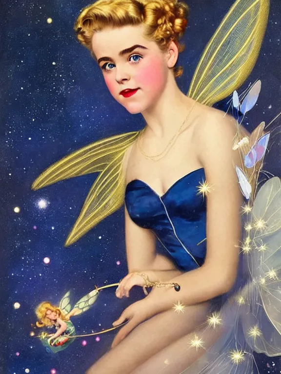 Image similar to kiernan shipka as tinkerbell, a beautiful art nouveau portrait by Gil elvgren, moonlit starry sky environment, centered composition, defined features, golden ratio, gold jewlery