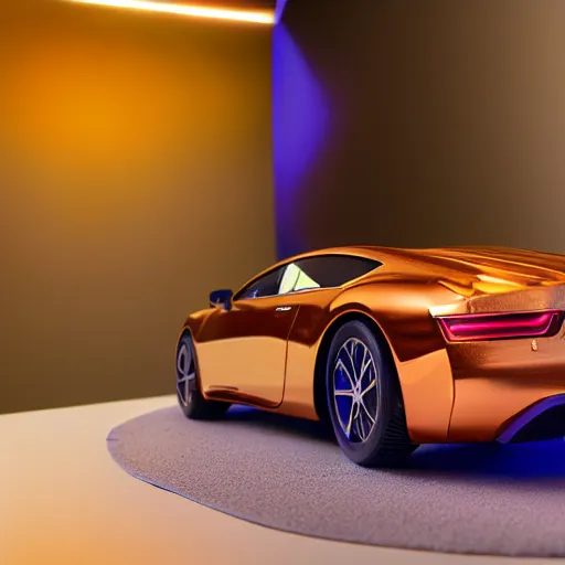 Prompt: award winning product photography, 3 5 mm lens, of a glossy orange metallic and shiny purple metallic shiny ergonomic hololens in style of a bugatti cheyvron, studio lighting,