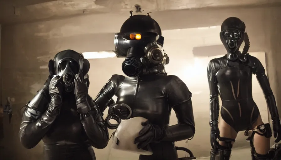 Prompt: big budget tv show where a female cyborg in a gas mask and rubber suit rips off an alien's head