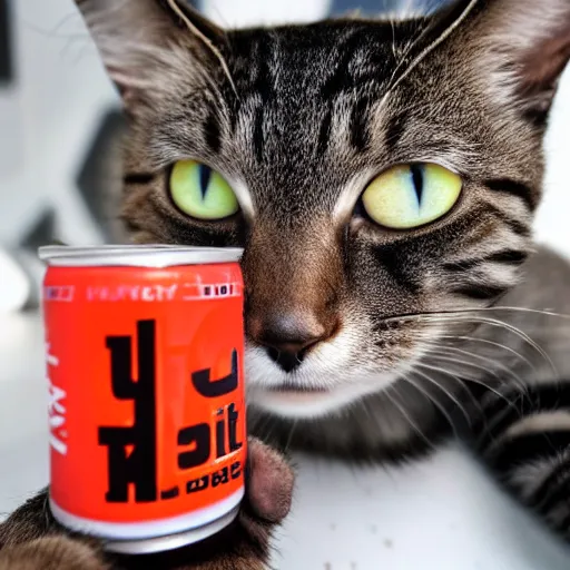 Prompt: the cat karakl drinks an energy drink