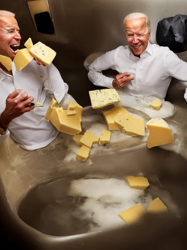 Image similar to Joe Biden eating cheese in a bathtub