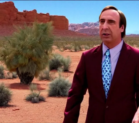 Image similar to saul goodman rapping in the desert, realistic, movie still