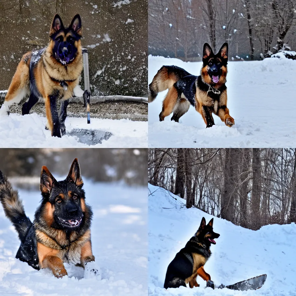 Prompt: German Shepard shoveling the snow