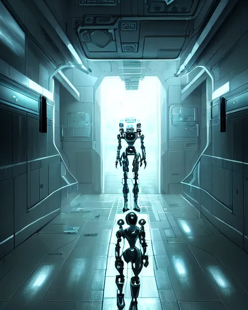 Prompt: ultra realist and ultra intricate detailed soft painting of a sci-fi humanoid robot patrolling a futuristic hallway, gloomy style, volumetric clouds, military, assault rifle, artstation, unreal render, intricate details, realistic