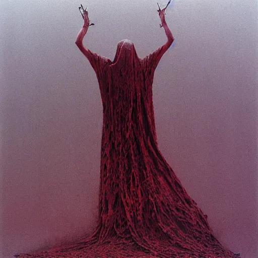 Prompt: mother, wrapped in thorns, in a desolate, charred desert, high contrast, dark red, HDR, painted by zdzislaw beksinski