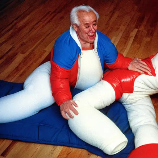 Image similar to a couple of grandparents wearing michelin man costume and playing twister, 3 5 mm flash on photography taken by martin parr