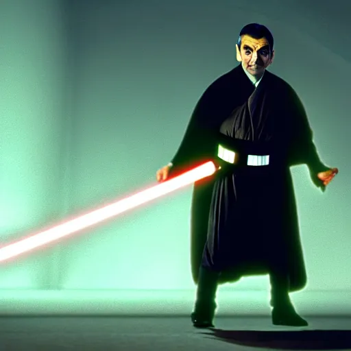 Prompt: mr. bean as dark emperor from star wars. movie still. cinematic lighting.