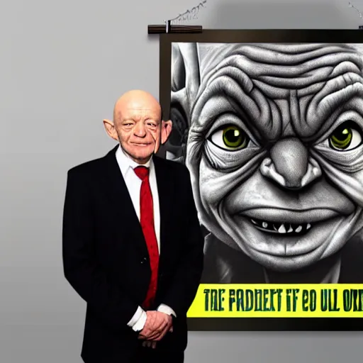 Prompt: president gollum standing in front of a poster with an image of the one ring