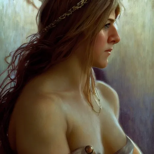 Image similar to hyperrealist photo of jennifer aniston as lady godiva. by jeremy mann and alphonse mucha, fantasy art, photo realistic, dynamic lighting, artstation, poster, volumetric lighting, very detailed faces, 4 k, award winning