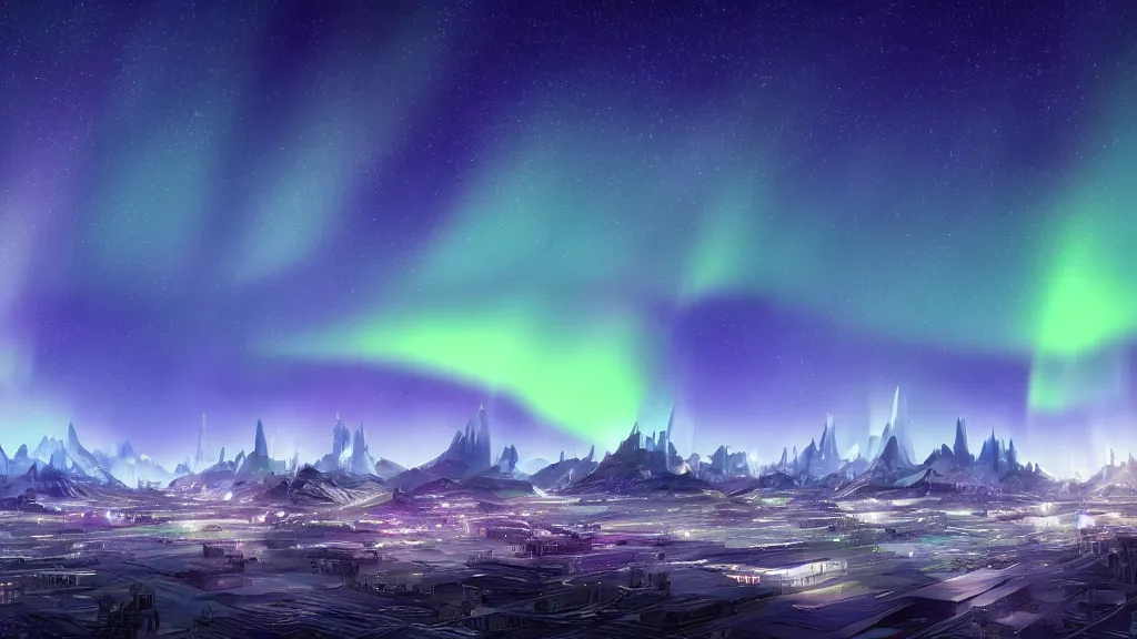 Image similar to futuristic city, aurora borealis, mountains in the distance, multiple moons, ignis fatuus