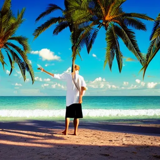 Image similar to violinist on the beach with palm trees blue sky tropical island on horizon