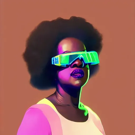 Image similar to viola davis wearing opaque reflective goggles profile picture by Greg Rutkowski, brown skin, long afro hair, asymmetrical, futuristic, neon volumetric lights, cool colors, streetwear, studio ghibli, Organic Painting , Matte Painting, geometric shapes, hard edges, street art, trending on the artstation, fantasy LUT, realistic by Sachin Teng + Martin Grip + Moebius, techwear, Industrial Scifi, detailed illustration, character portrait,