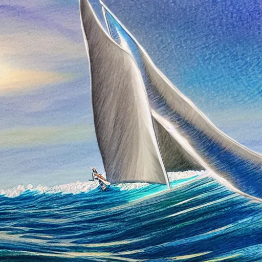 Image similar to Colored pencil art on paper, Sailboat surfing the waves, highly detailed, artstation, MasterPiece, Award-Winning, Caran d'Ache Luminance