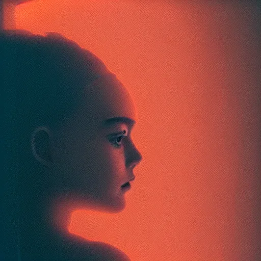 Image similar to silhouette of a Elle Fanning gazing in a mirror, pitch black room, extremely detailed masterpiece, oil on canvas, low-key neon lighting, artstation, Blade Runner 2049, Roger Deakin’s cinematography, by Julia Vormeer,