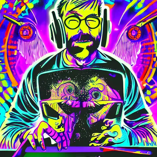 Prompt: artgerm, psychedelic trey anastasio, rocking out, headphones dj rave, digital artwork, r. crumb, svg vector