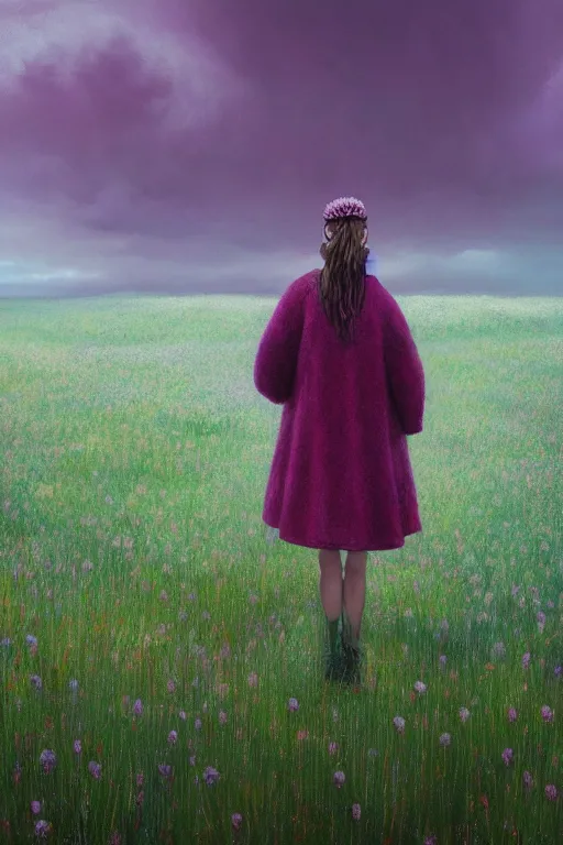 Image similar to portrait, enormous daisy flower head, a girl wearing coat in heather field, surreal photography, wind and cold, dramatic sky, impressionist painting, digital painting, artstation, simon stalenhag