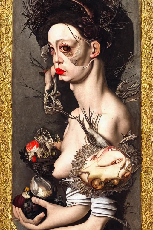 Image similar to Detailed maximalist portrait with large lips and with large, wide eyes, sad expression, HD mixed media, 3D collage, highly detailed and intricate, surreal anatomy, illustration in the style of Caravaggio, dark art, baroque