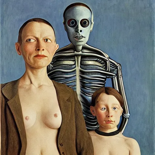 Prompt: a family portrait of alien cyborgs, by andrew wyeth, hilma af klint, rene magritte, grant wood