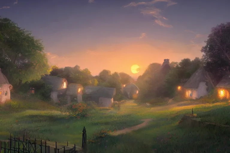 Image similar to sunset over the cottages in the shire, ghibli, artstation, award wining, rutkowski, shinkai