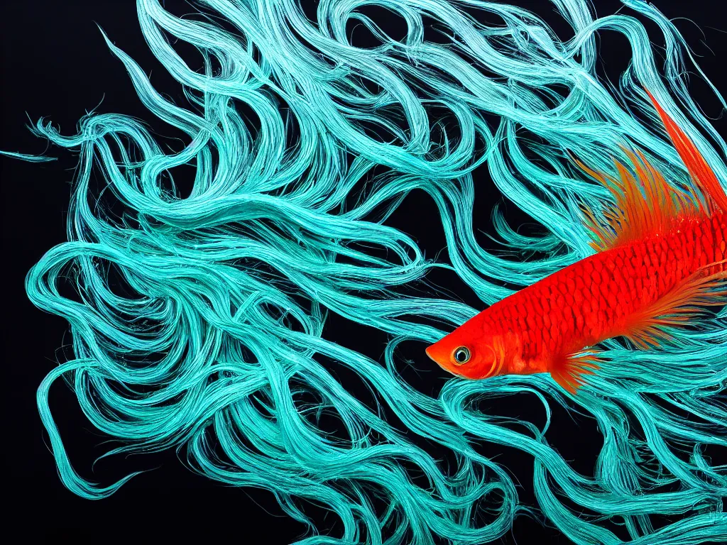 Image similar to a beautiful richly colored beta fish with long flowy scales on a black background surrounded by black water, full subject in view, epic scale ultrawide angle, hyperdetailed