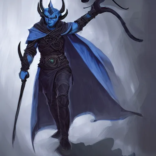Image similar to D&D character concept art of a cloaked tiefling, tiefling rogue, blue skin color with short horns and a devil tail, fighting pose of a Rogue holding daggers, black cloak hidden in shadows, full body pose, soft colors, fantasy, intricate, elegant, highly detailed, digital painting, artstation, concept art, smooth, sharp focus, illustration, wide angle shot, full body visible, art by artgerm and H R Giger and alphonse mucha
