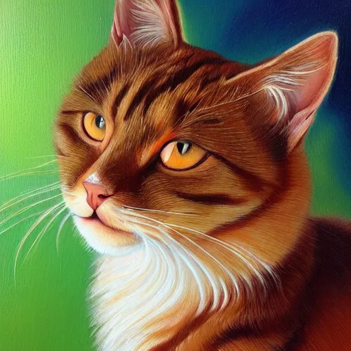 Prompt: oil painting of long - haired light and medium orange cat with green eyes, bushy tail, pointy ears, white whiskers, artistic, elegant,