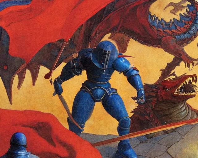 Image similar to knight in blue armor, fighting a large red dragon, by n. c. wyeth, high detail,