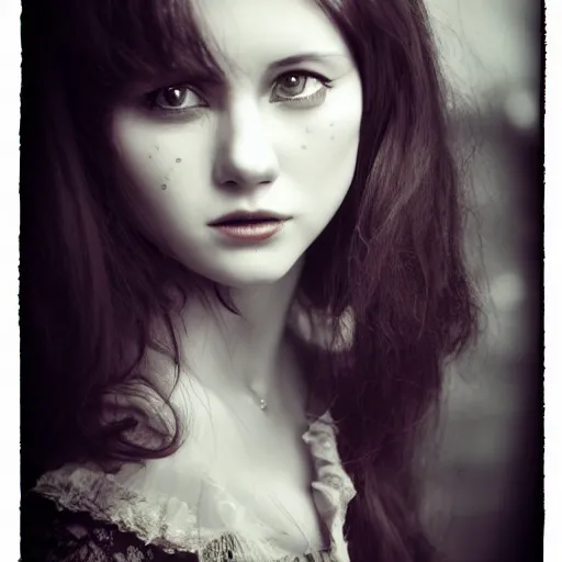 Image similar to shot from a distance, rococo, manga, tonal, young lady, thin, dark hair, wearing isabel murant