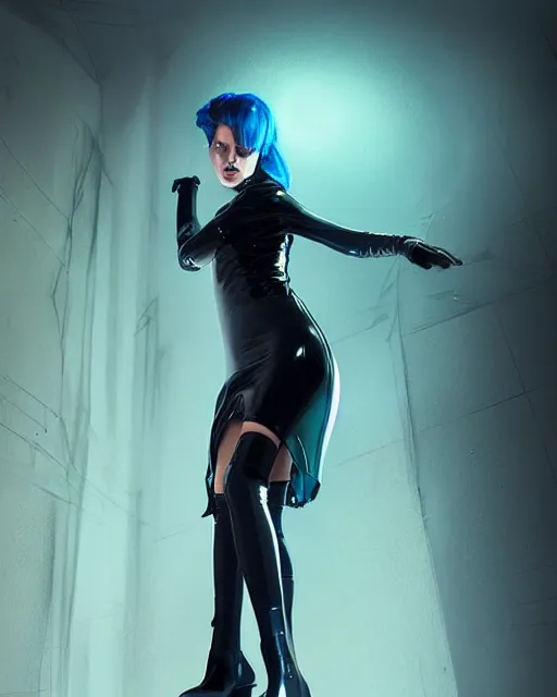 Prompt: Portrait of a futuristic rogue by Charlie Bowater, latex dress, gothic, short blue hair, complementary rim lights, backlit, posing, The Matrix, rain