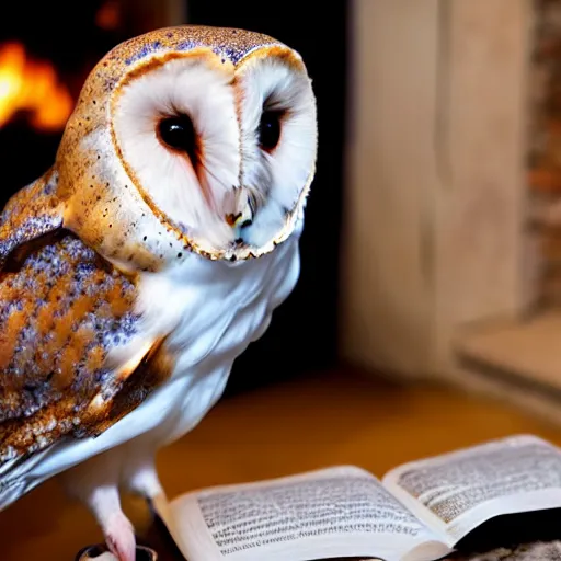 Prompt: photo of a barn owl reading a book near a fireplace.
