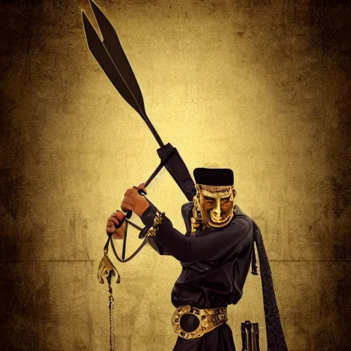 Image similar to pharaoh holding a spear in an epic pose, steampunk style, epic background, award winning