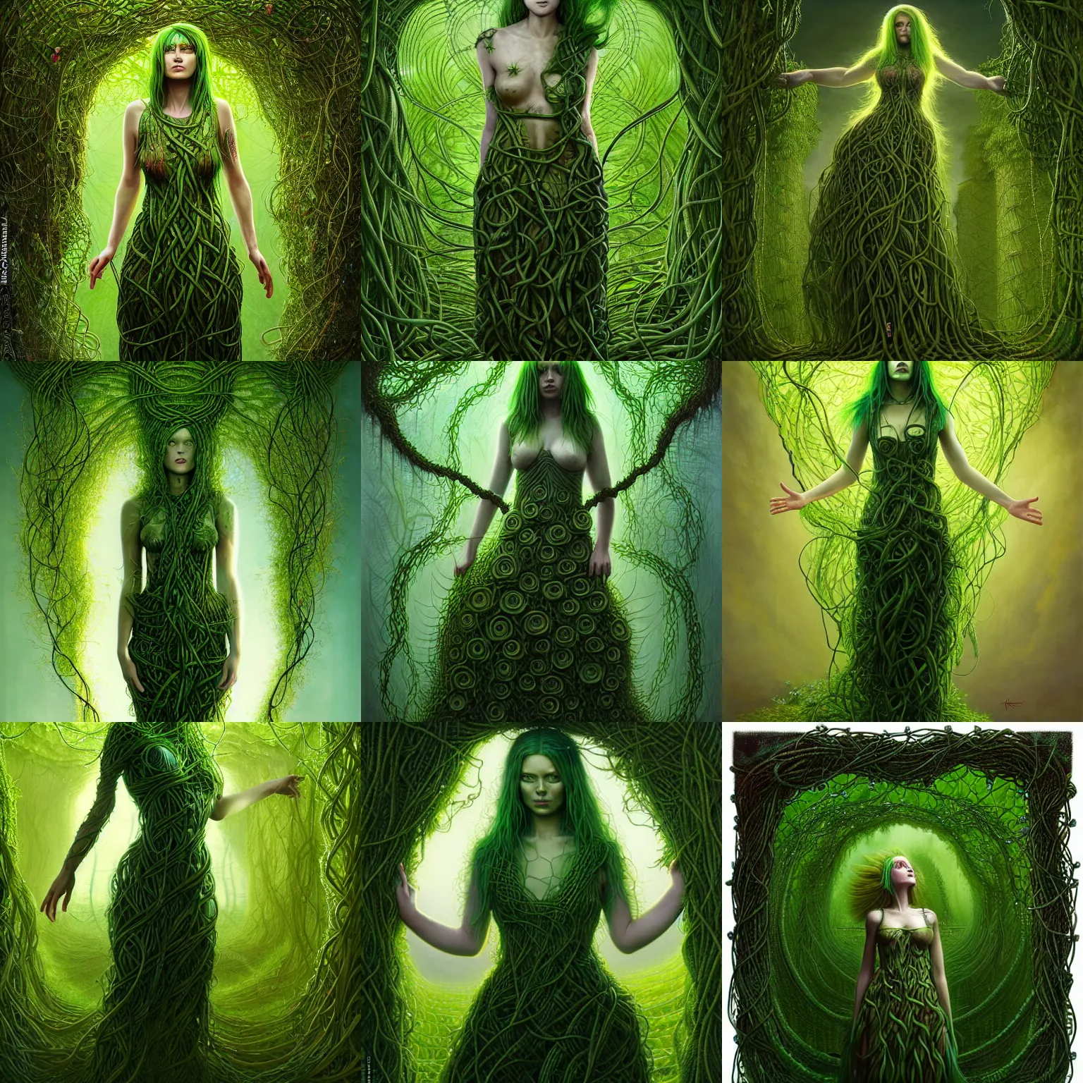 Prompt: a detailed full-body photo of girl with green hair, wearing a dress made of vines,ultra detailed, by Tomasz Alen Kopera and Peter Mohrbacher