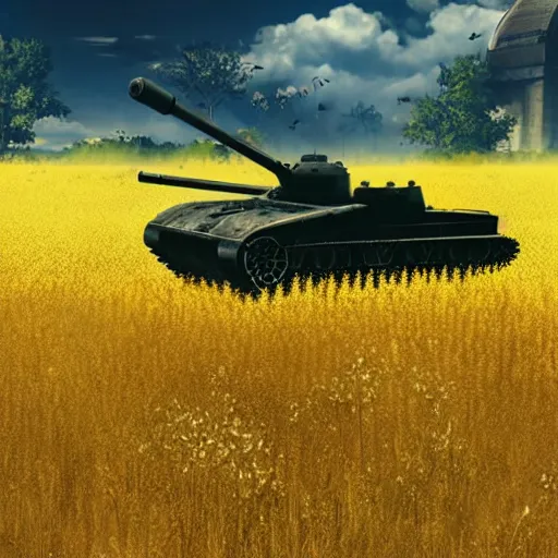 Image similar to a high resolution image from nier : automata, featuring 9 s android fighting a t 3 4 tank in yellow rye field under pure blue skies