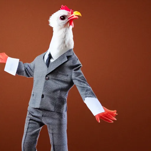 Image similar to a high quality photo of a chicken wearing a suit, 8k, Greg Rutkowsky