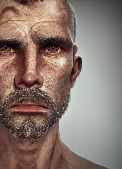 Image similar to a portrait picture of a stern looking middle - aged man, crew cut, brown hair, rugged looks, serious face, stubble, scar on the cheek, highly detailed, digital art, realistic, 4 k, studio lighting, trending on artstation