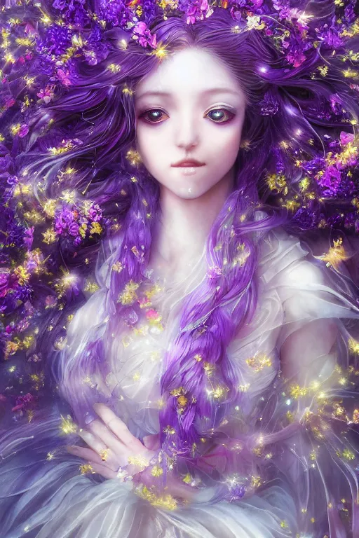 Prompt: 4k detailed portrait of a beautiful intimate woman with long purple cosmic hair and a beautiful celestial dress made of flowers, by Ayami Kojima. Anime, volumetric lighting, trending on artstation