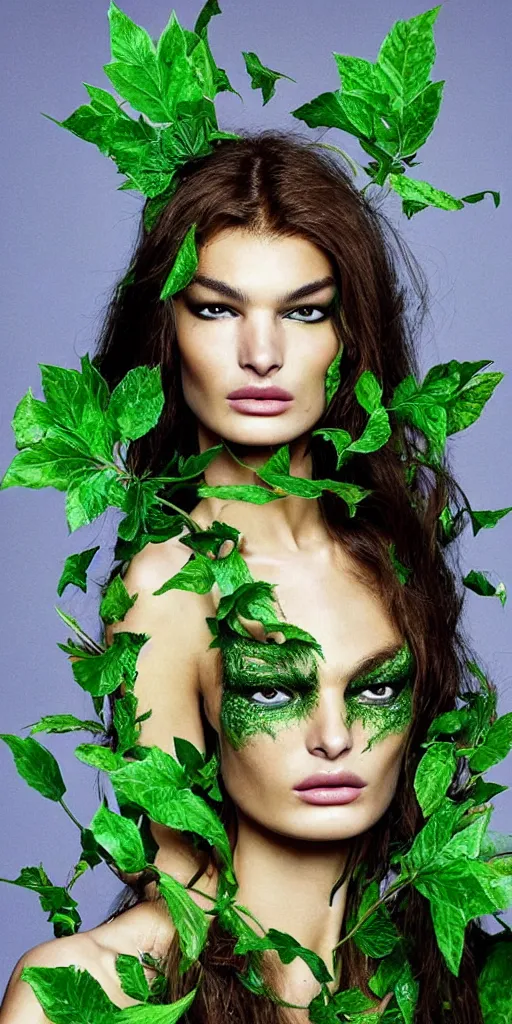 Prompt: “A beautiful portrait of Ophelie Guillermand as Poison Ivy from Batman as a Versace fashion model Spring/Summer 2012, highly detailed, in the style of cinematic, Getty images, Milan fashion week backstage, Makeup by Pat McGrath, Greg rutkowski”