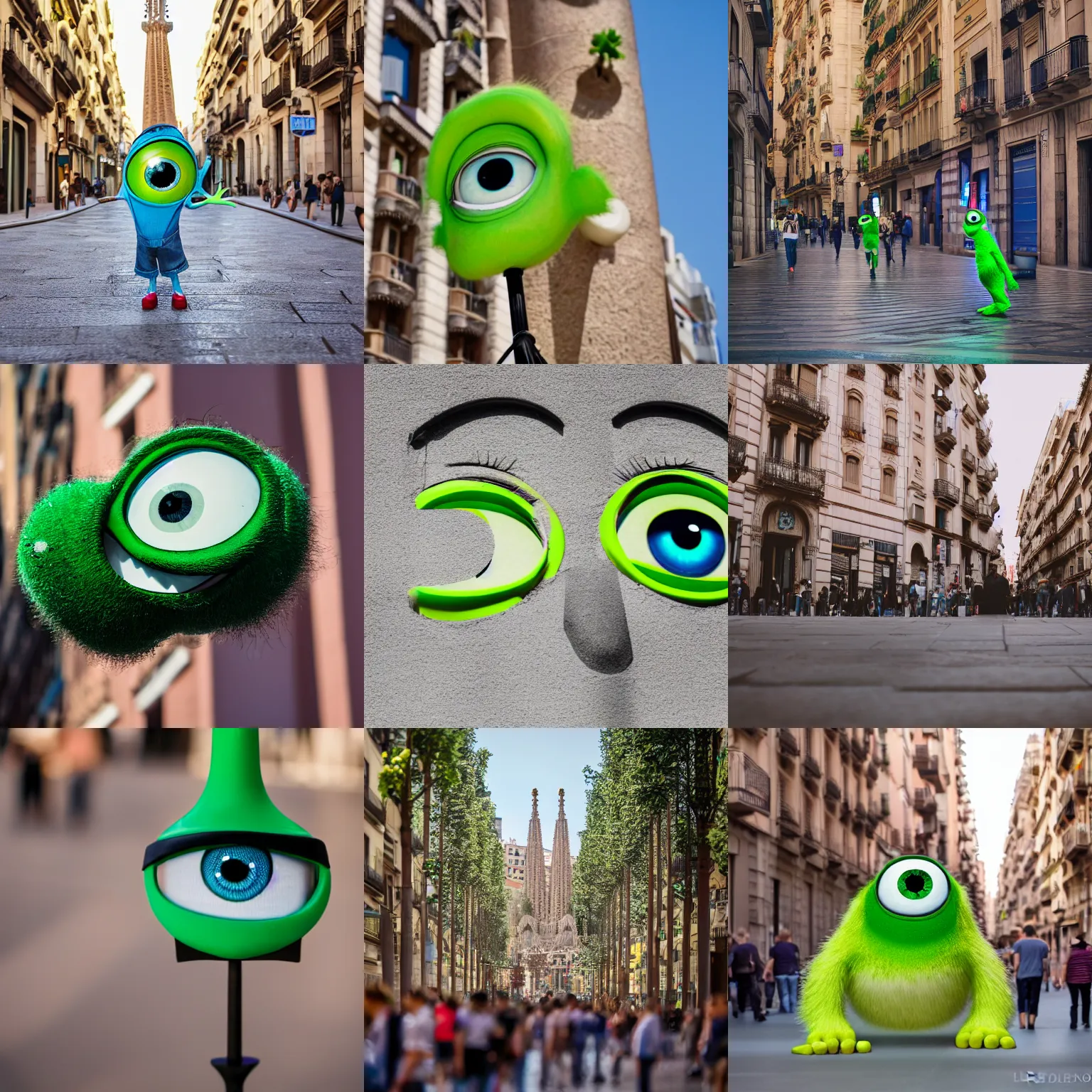 Prompt: mike wazowski visiting barcelona, sigma 75mm, high quality