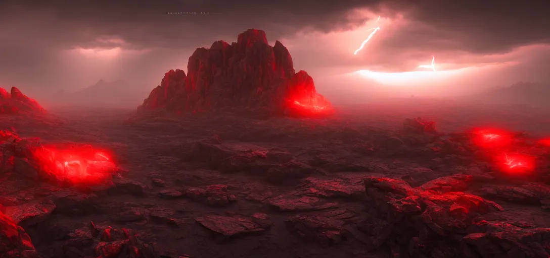 Image similar to dramatic view of empty rocky alien wasteland, mysterious red glowing fog, sharp craggy rocks, glowing ominous clouds,, unreal engine, dramatic lighting, detailed, ambient occlusion, global illumination, god rays, 3 d artstation render by greg rutowski and jessica rossier