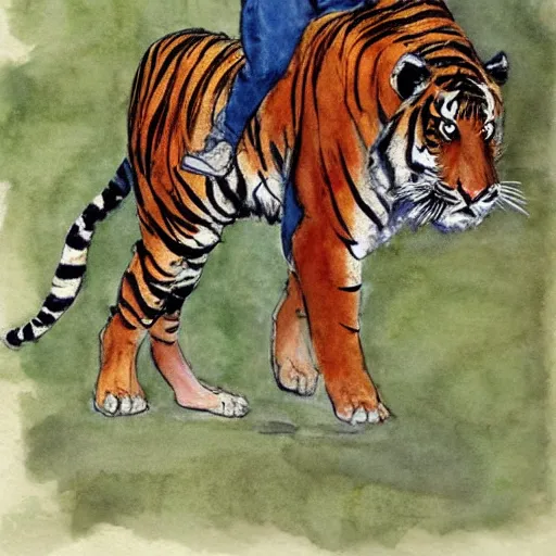 Image similar to girl riding a tiger, art, minimalistic painting, watercolor on paper, high quality, by Berthe Morisot, trending on artstation