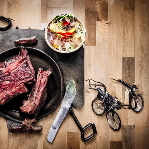 Prompt: bicycle made of beef ribs, glistening flesh, dripping meat, pulsating mechanically, metal bike chain, oily, professional food photography, ultra realistic, masterchef,