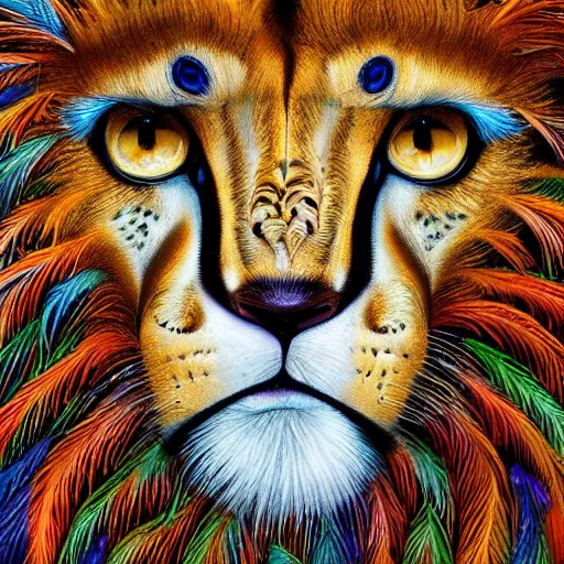 Prompt: beautiful cheetah face with long flowing lion mane made of peacock feathers detailed painting in the style of josephine wall 4 k