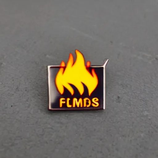 Prompt: a diamond enamel pin of a retro minimalistic fire flames warning label, smooth curves