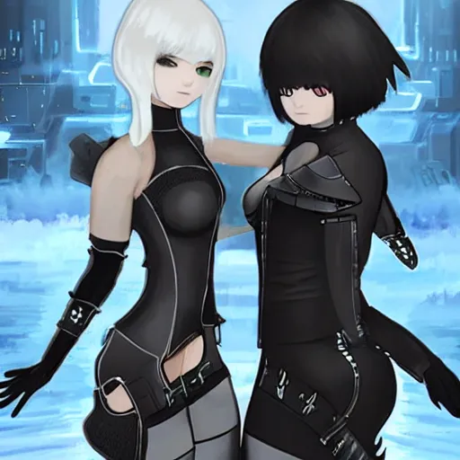 Image similar to 2B from Nier Automata as a cyber punk android fighting A2 as a Viking warrior princess that was frozen in time