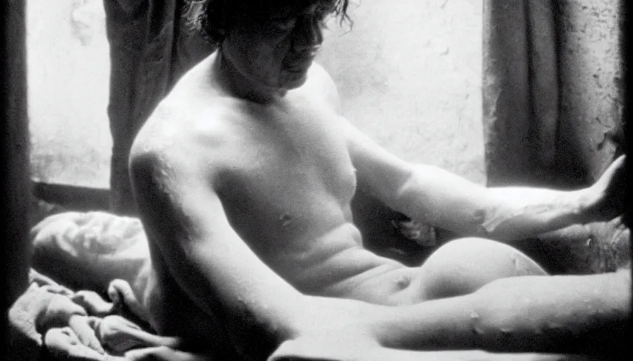 Image similar to movie still of jean - paul marat wounded at the chest, bleeding in the bath, cinestill 8 0 0 t 3 5 mm b & w, high quality, heavy grain, high detail, cinematic composition, dramatic light, anamorphic, ultra wide lens, hyperrealistic, by josef sudek