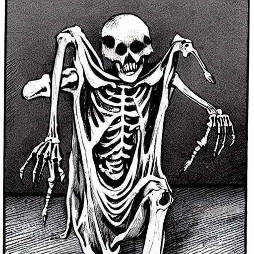 Prompt: A decaying screaming skeleton in tattered robes, in the style of EC Comics