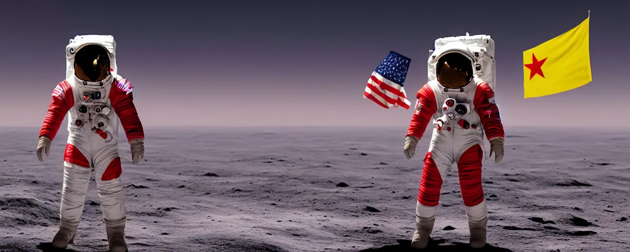 Image similar to an astronaut in red on white on yellow costume holding vietnam flag, standing on the moon, cinematic composition, a realistic photograph, cosmic background, octane render