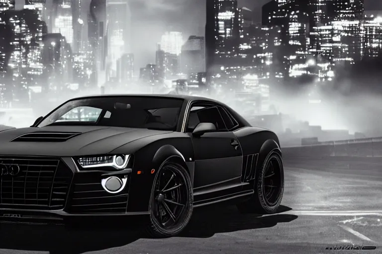 Image similar to widebody all black audi camaro b 1 ( 1 9 6 9 ), need for speed : carbon, at night, sci - fi, neon lines, phonk music background, smoke behind wheels, noise, dark, establishing shot, by simon stalenhag