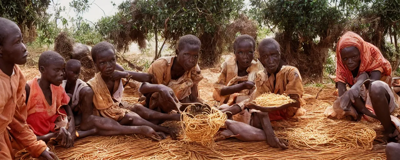 Prompt: people in an african village discovering spaghetti in a bush, high detailed face, facial expression, small details, intricate, canon 5 0 mm, high detail, intricate, cinematic lighting, photography, wes anderson, film, kodachrome