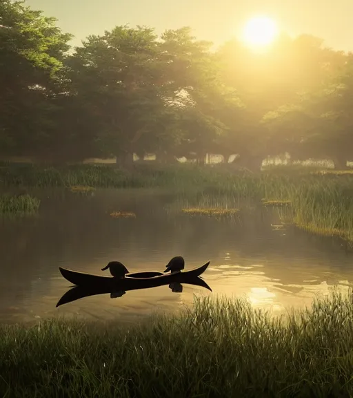 Prompt: three crows standing in a boat in a swamp, the reflection of the swamp, volumetric lighting, fog, majestic light, octane render, ethereal glare of the sun, hyperrealistic, epic, masterpiece, by makoto shinkai